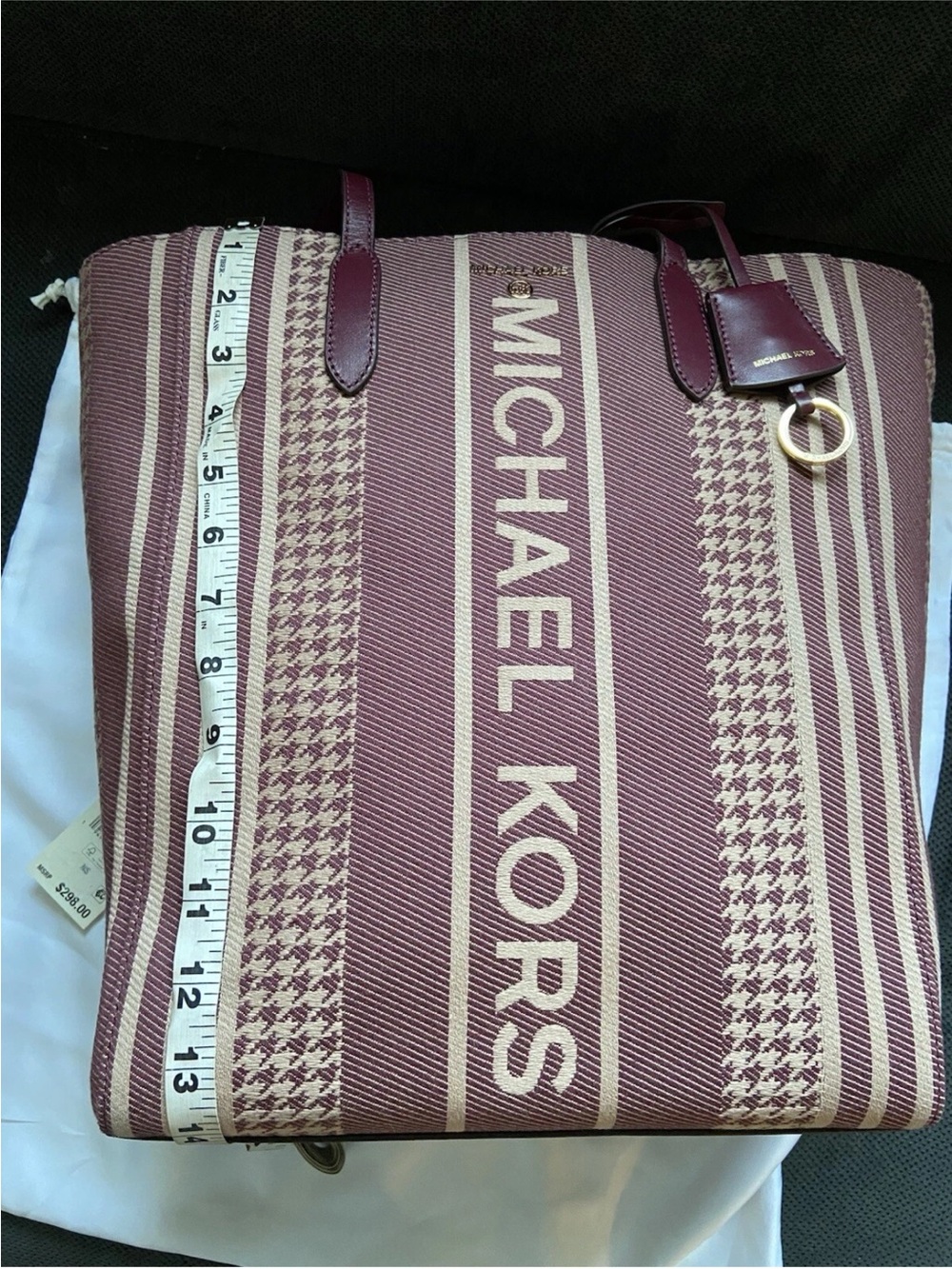 NWT: Michael Kors Maroon & Beige Striped Tote with Wristlet - Picture 6 of 13